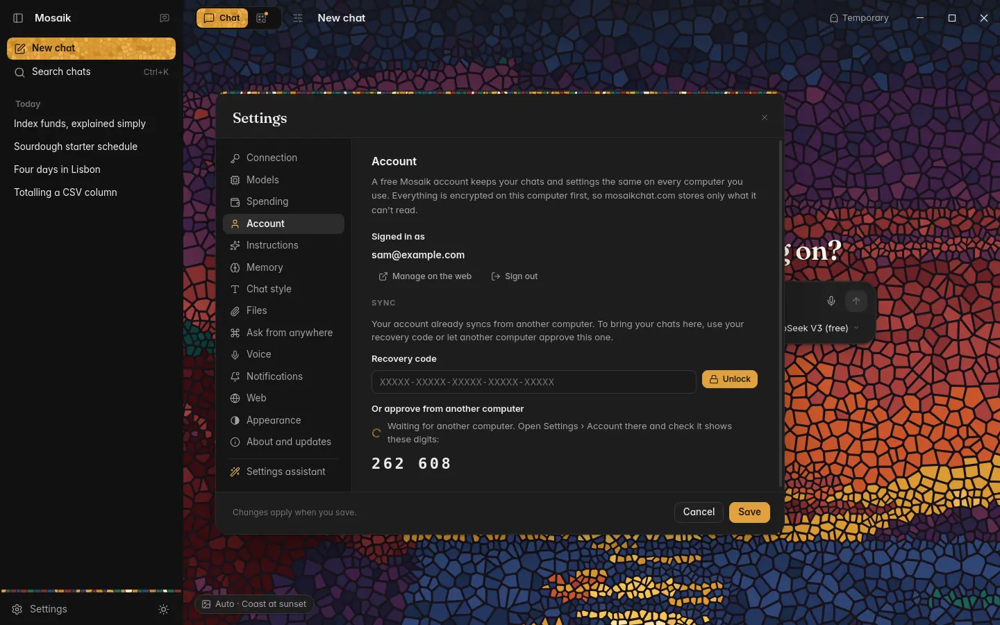 Settings, Account, on a new computer waiting for approval, dark theme