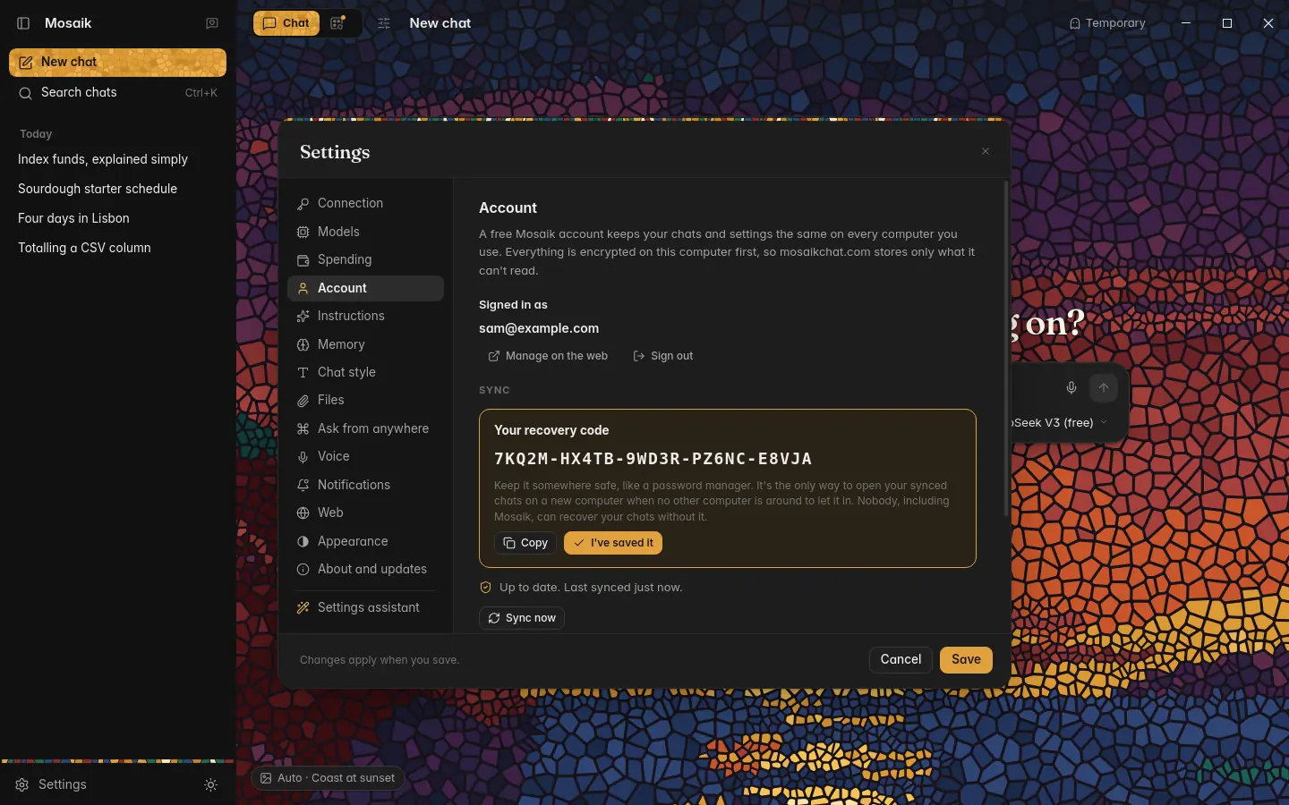 Settings, Account, showing the recovery code, dark theme