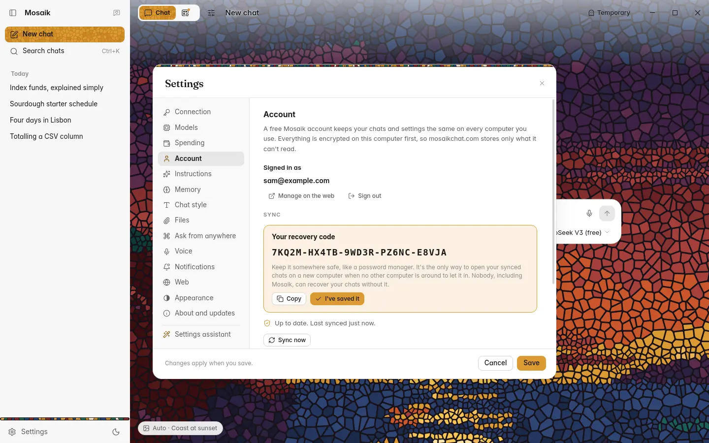 Settings, Account, showing the recovery code, light theme