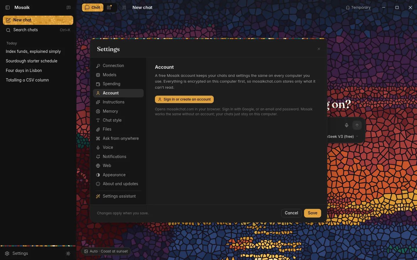 Settings, Account, before signing in, dark theme