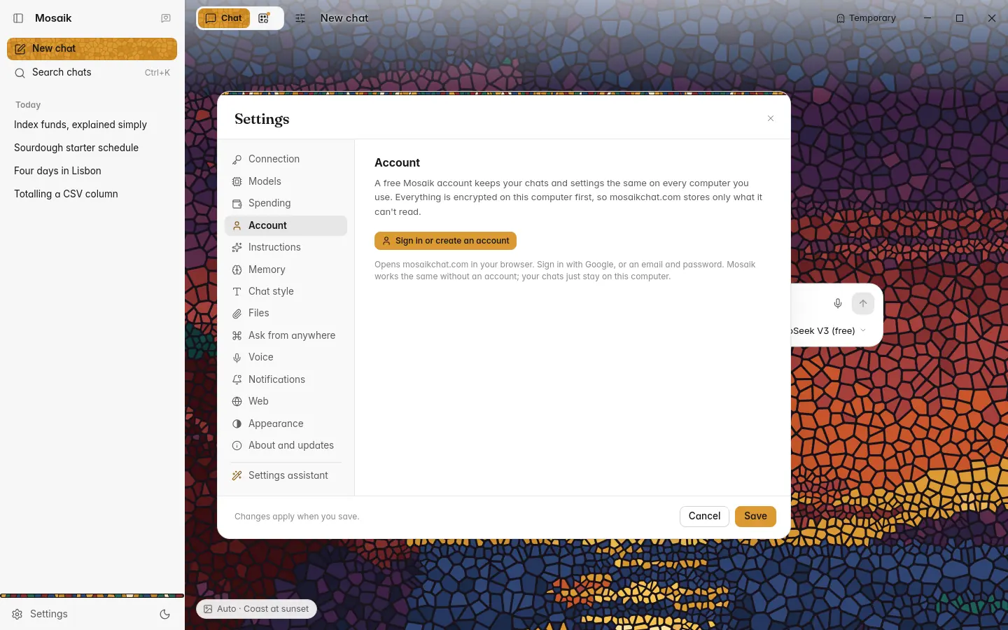 Settings, Account, before signing in, light theme