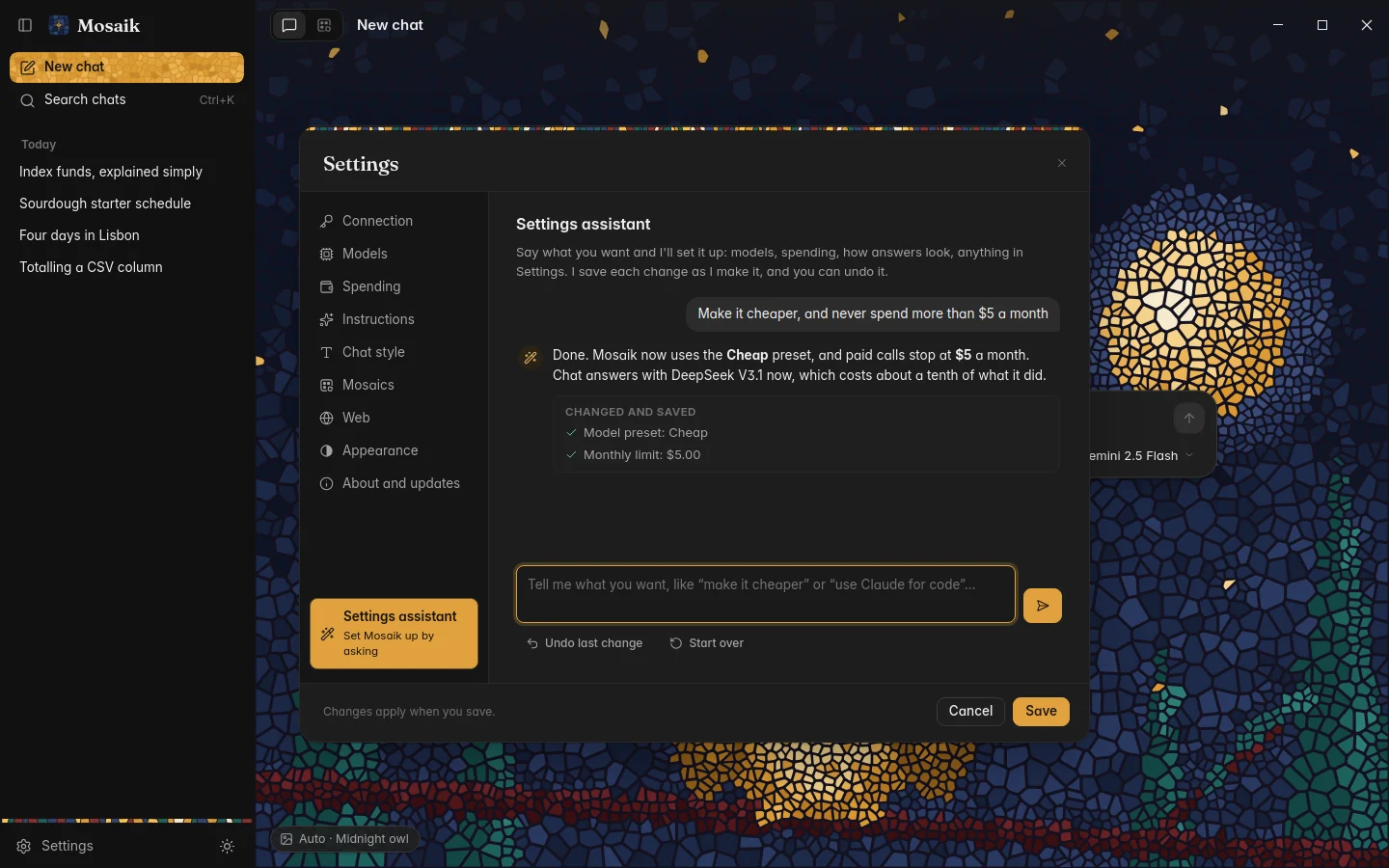 The Settings assistant after changing a few settings, dark theme