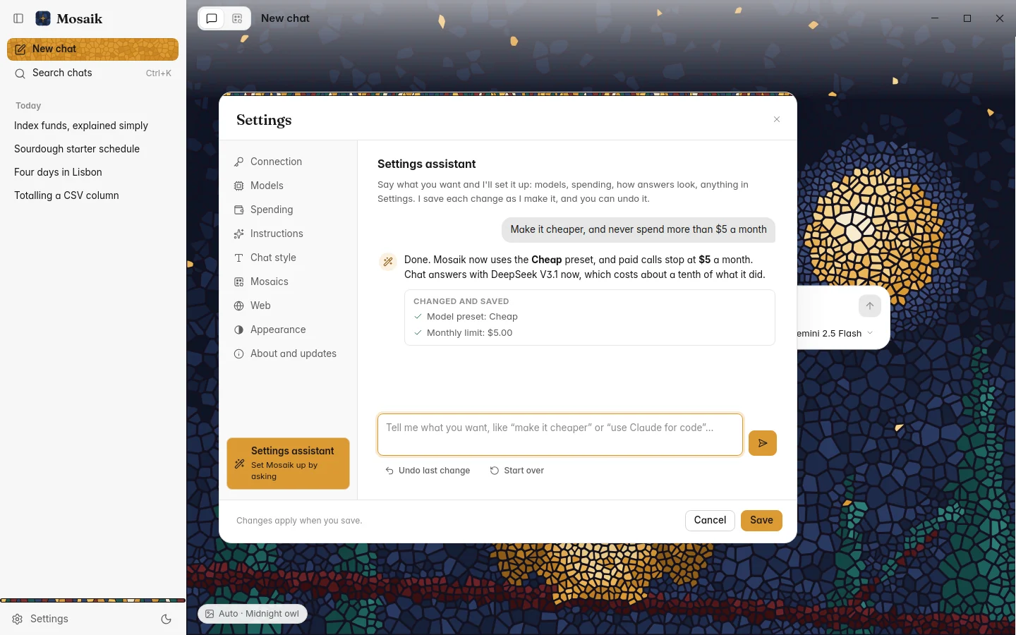 The Settings assistant after changing a few settings, light theme