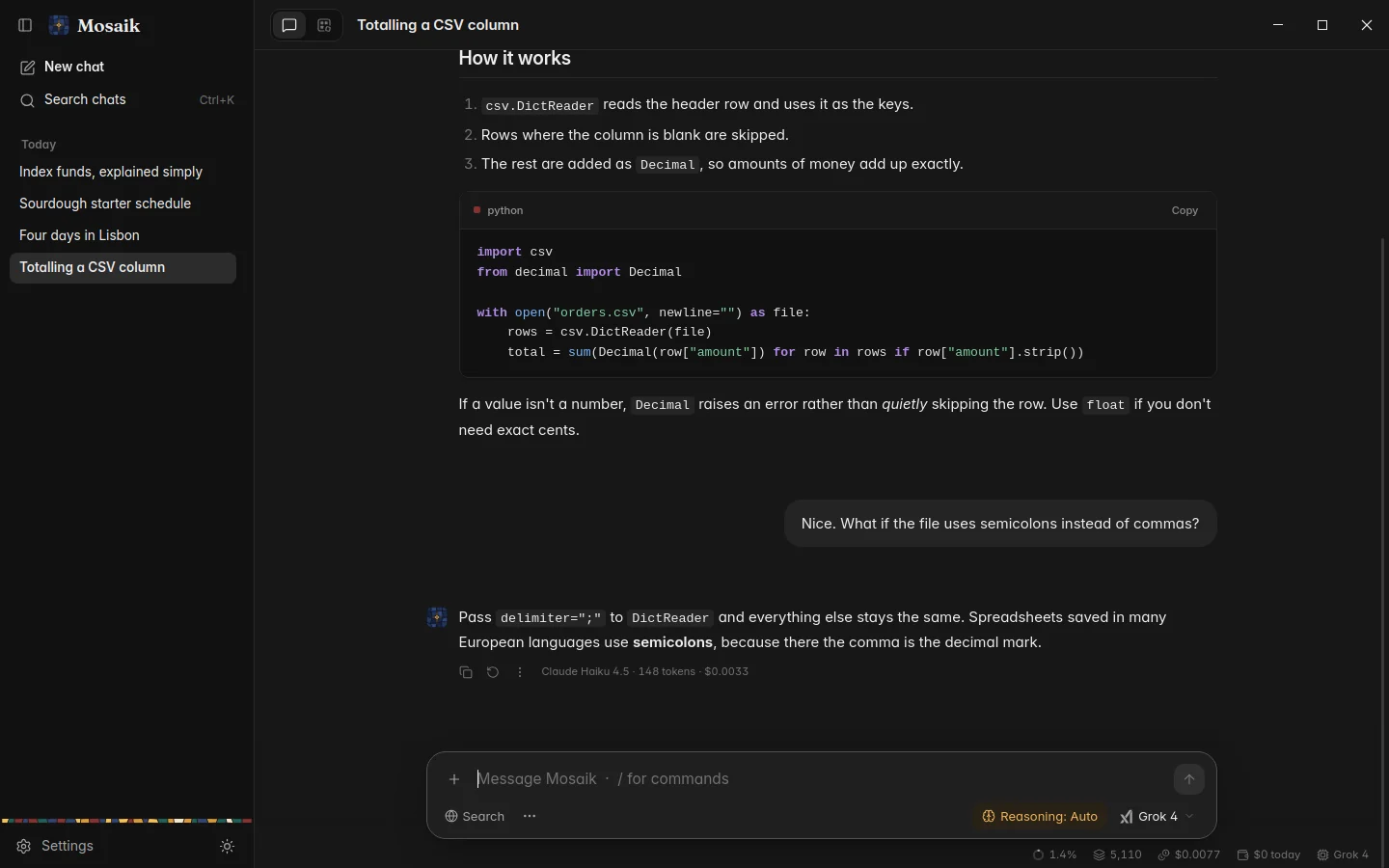 A conversation in Mosaik, dark theme