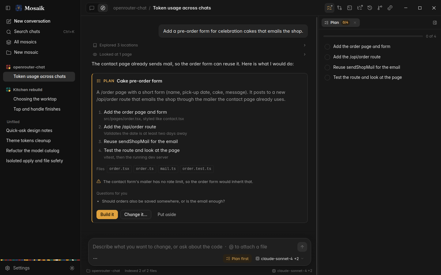 A plan card waiting for approval in a code session, dark theme