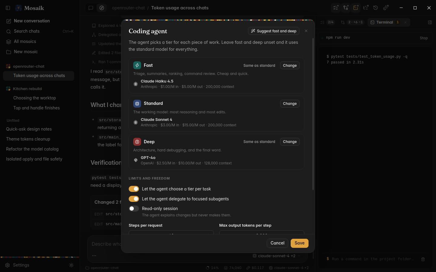 Coding agent settings with model tiers, dark theme