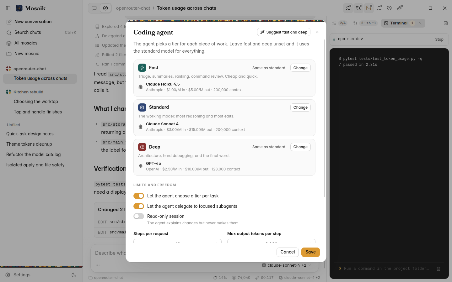Coding agent settings with model tiers, light theme