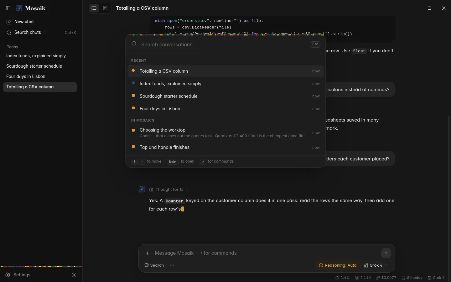 Searching every chat with Ctrl K, dark theme