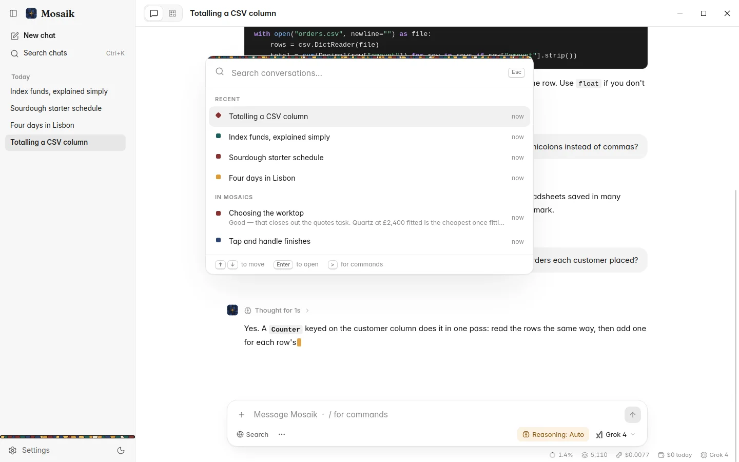 Searching every chat with Ctrl K, light theme