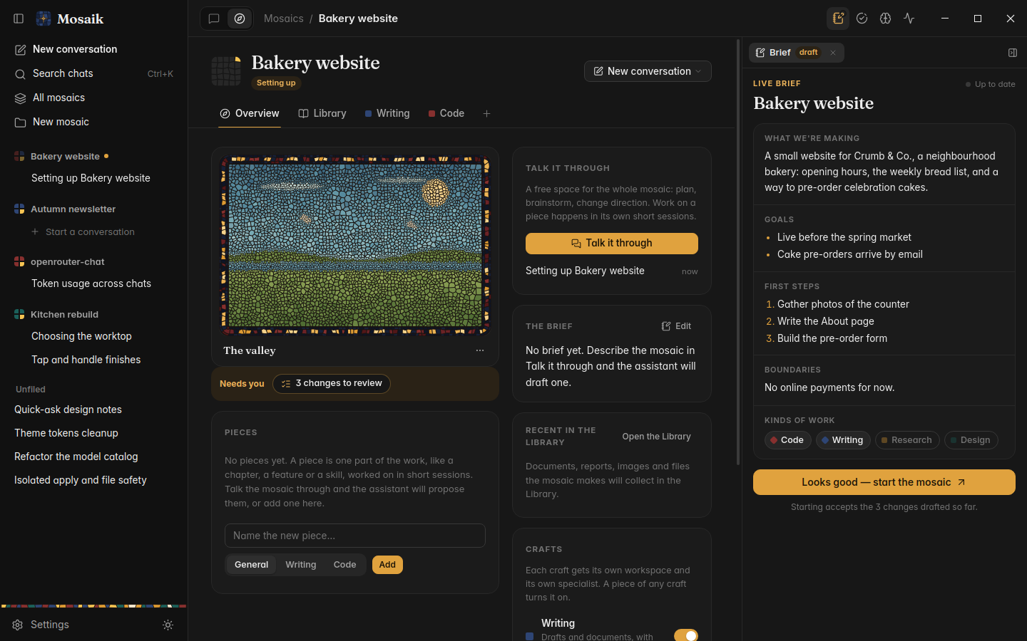 A new project with its brief drafting beside the conversation, dark theme
