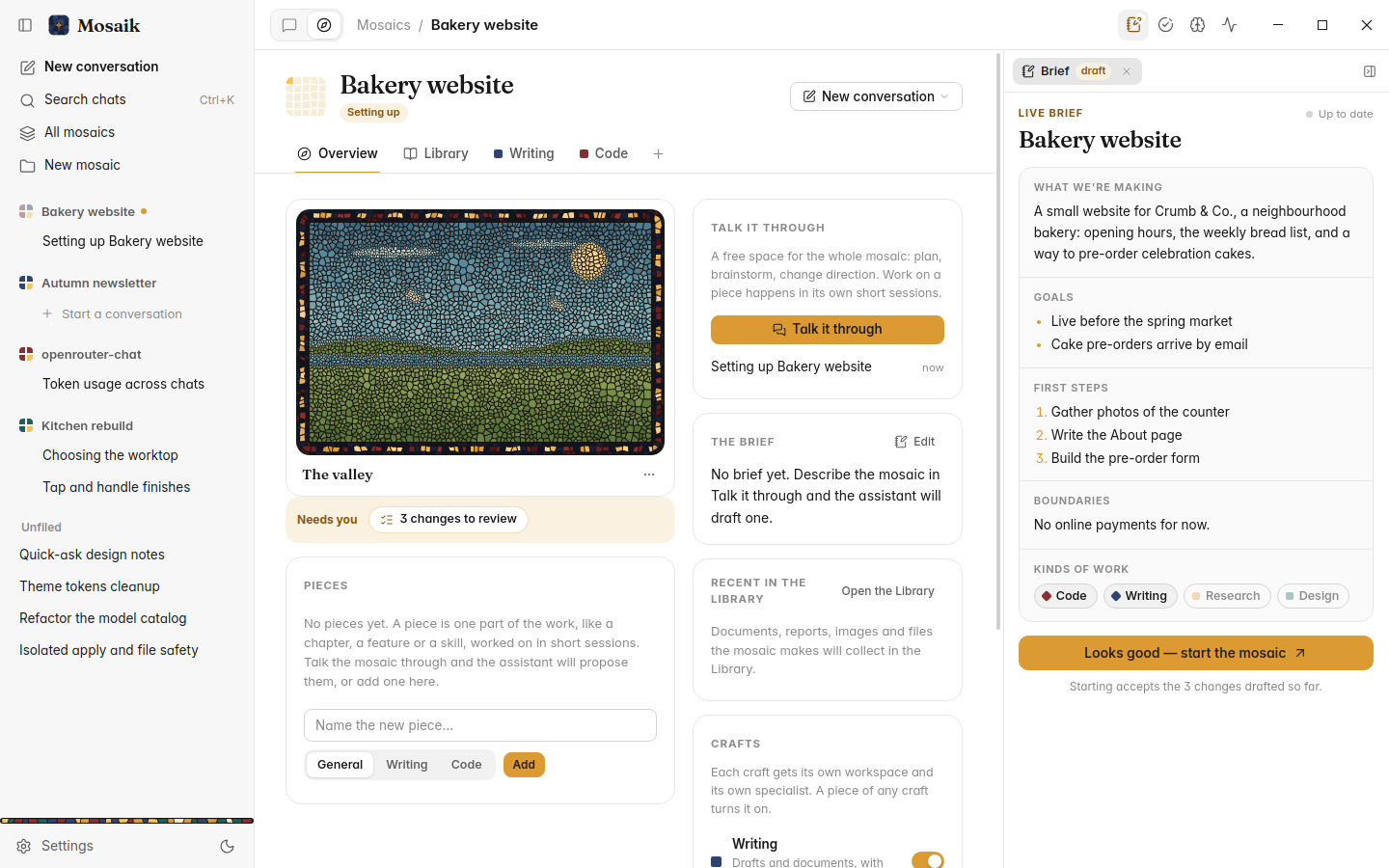 A new project with its brief drafting beside the conversation, light theme