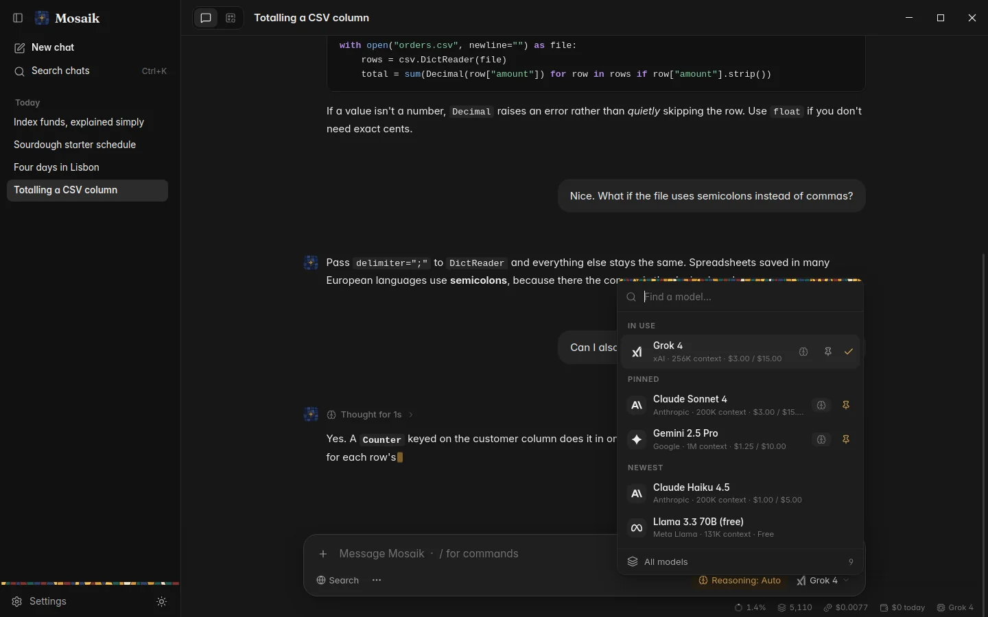 The model picker, with pinned and newest models, dark theme