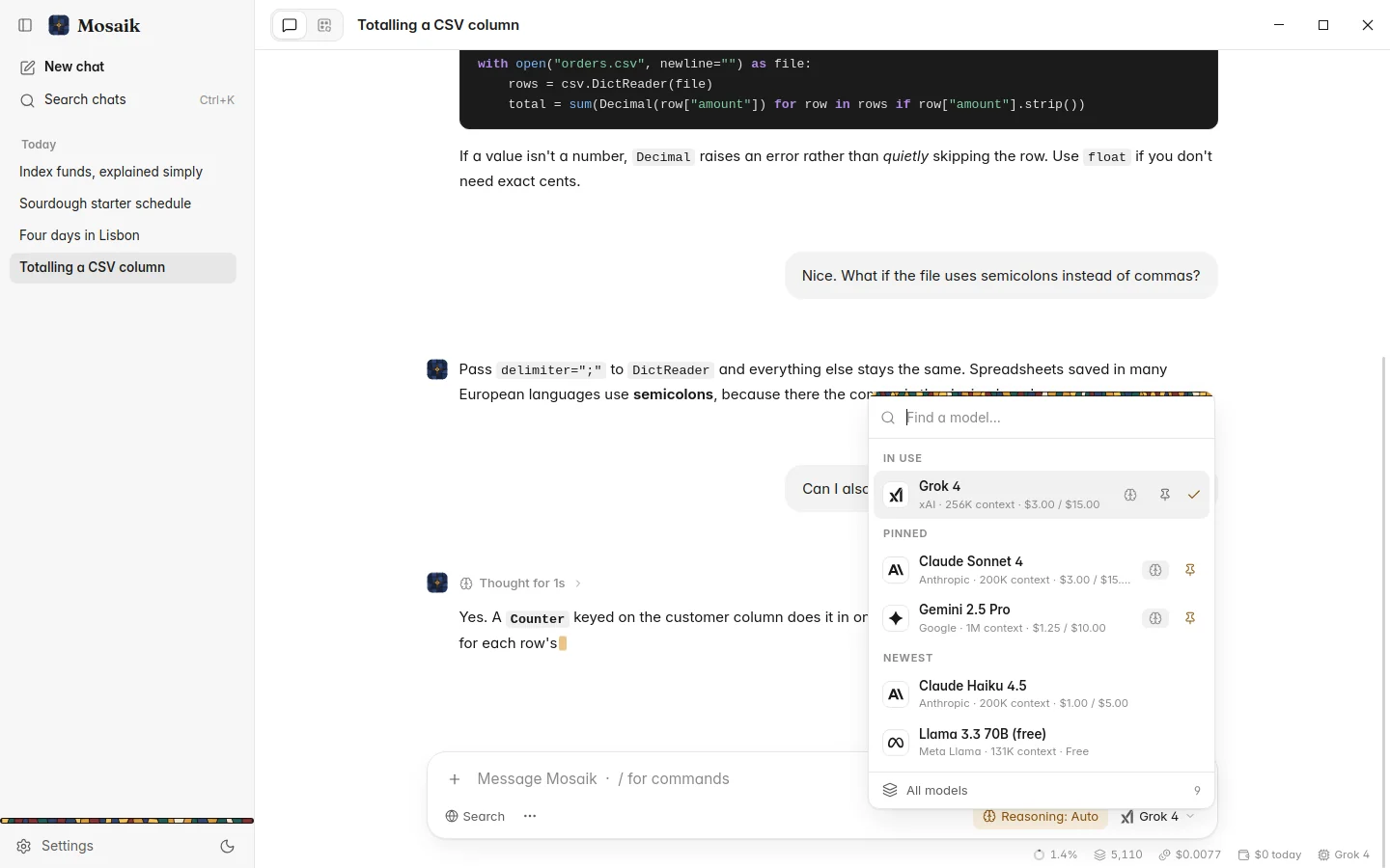 The model picker, with pinned and newest models, light theme