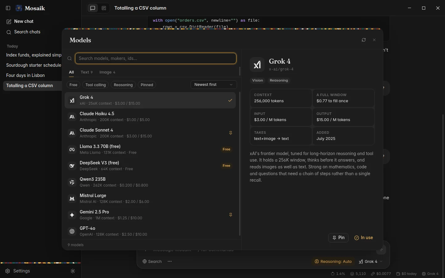 The model browser, with one model's context, prices and description, dark theme