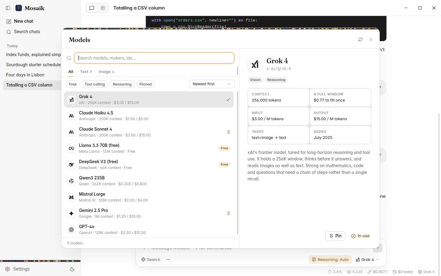 The model browser, with one model's context, prices and description, light theme