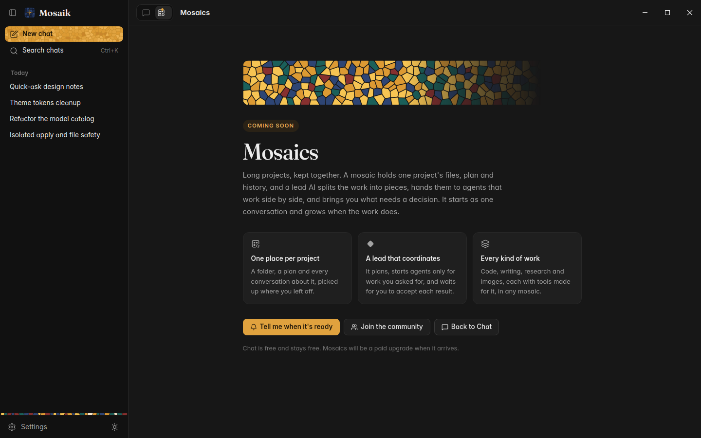 The Mosaics tab in Mosaik today, saying what is coming, dark theme