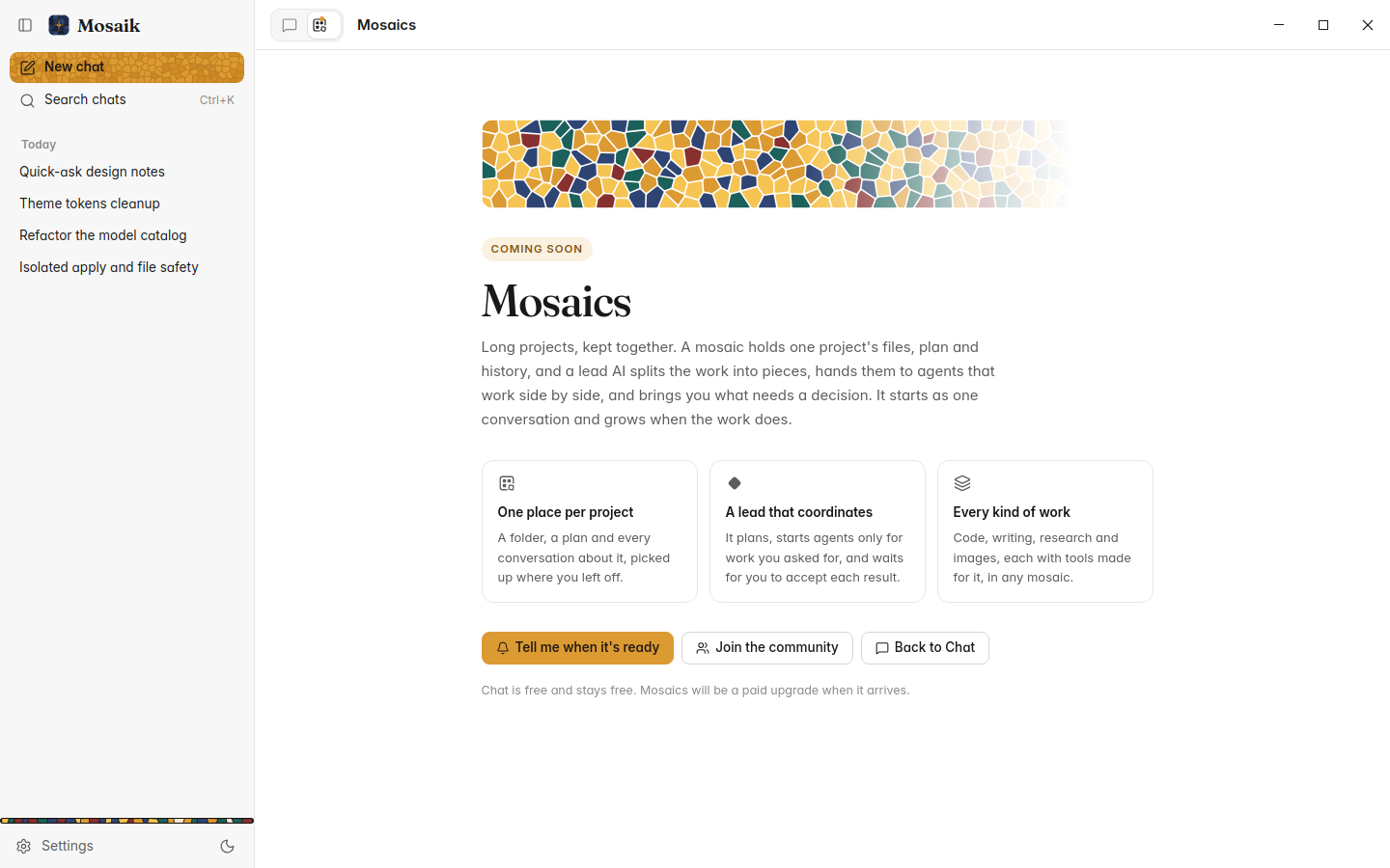 The Mosaics tab in Mosaik today, saying what is coming, light theme
