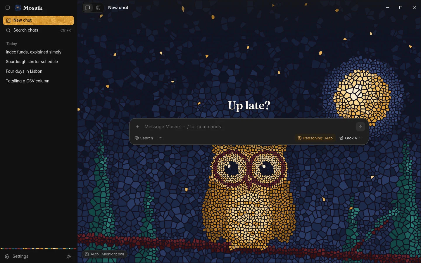 The New Chat page with its mosaic picture and greeting, dark theme