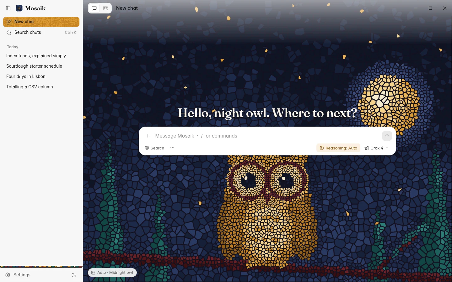 The New Chat page with its mosaic picture and greeting, light theme