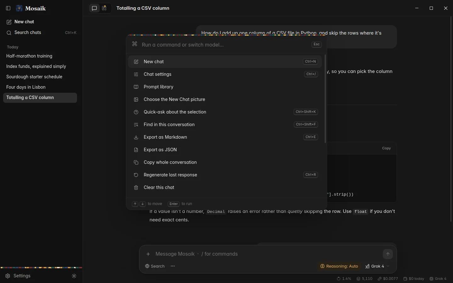 The command palette open over a chat, dark theme