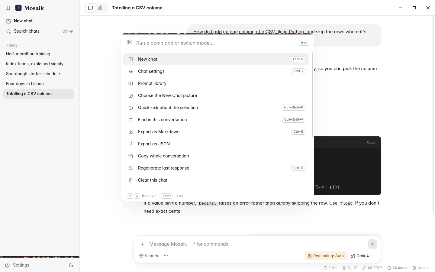 The command palette open over a chat, light theme