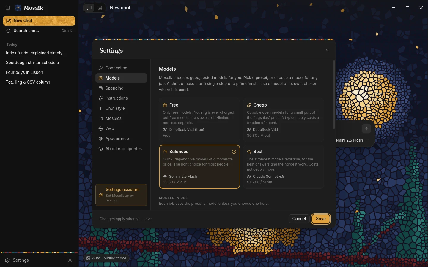 Settings, Models, with the four presets, dark theme