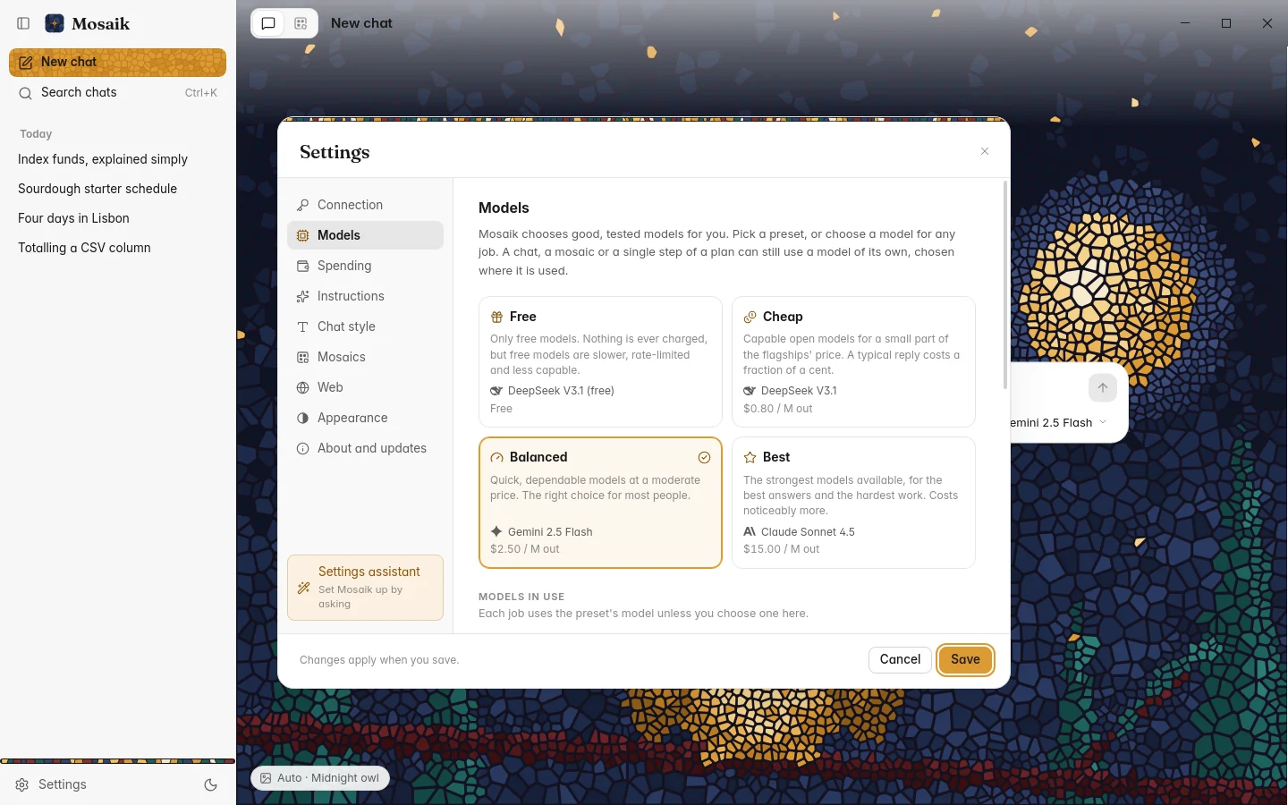 Settings, Models, with the four presets, light theme