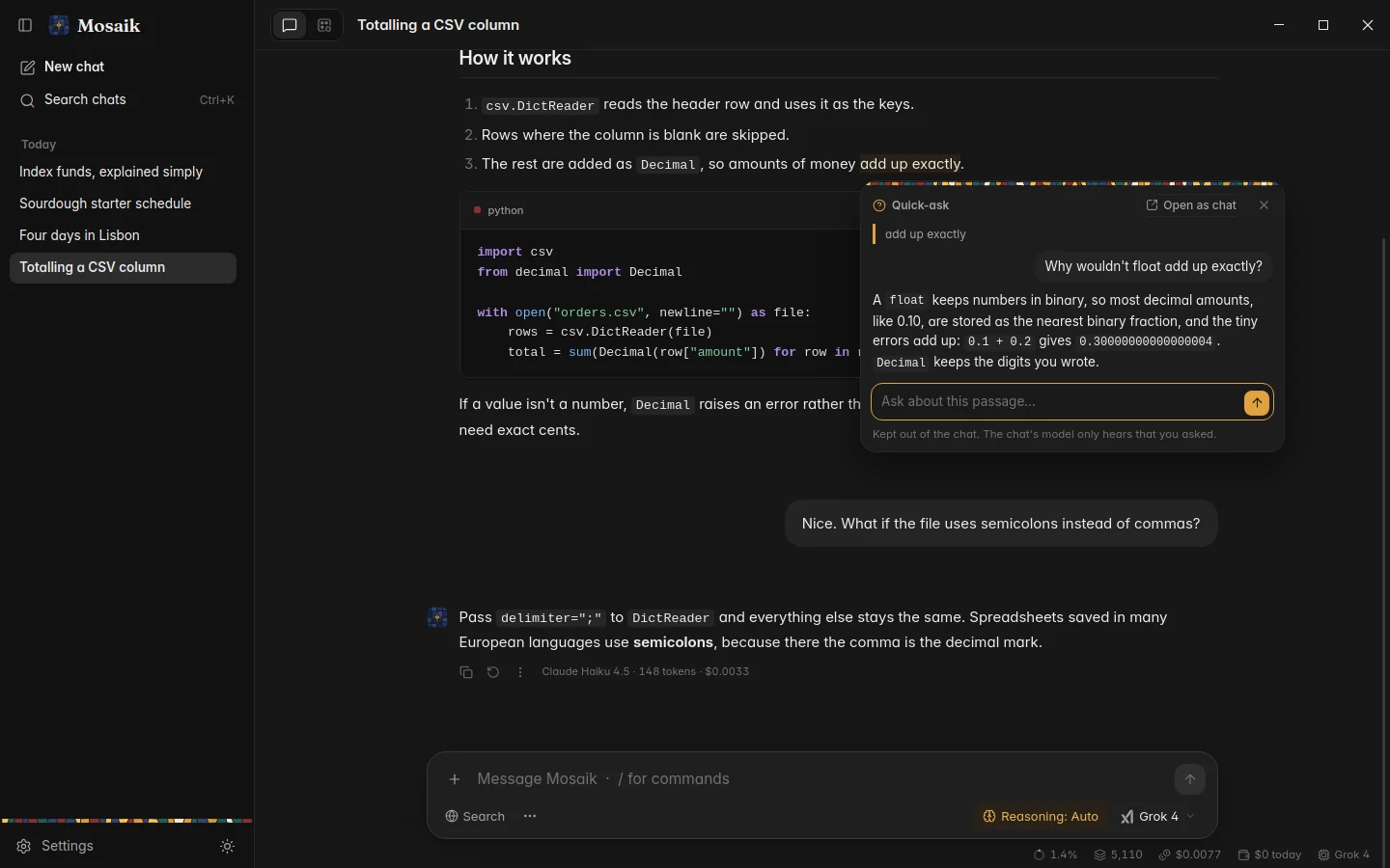 A quick-ask window beside a chat, dark theme