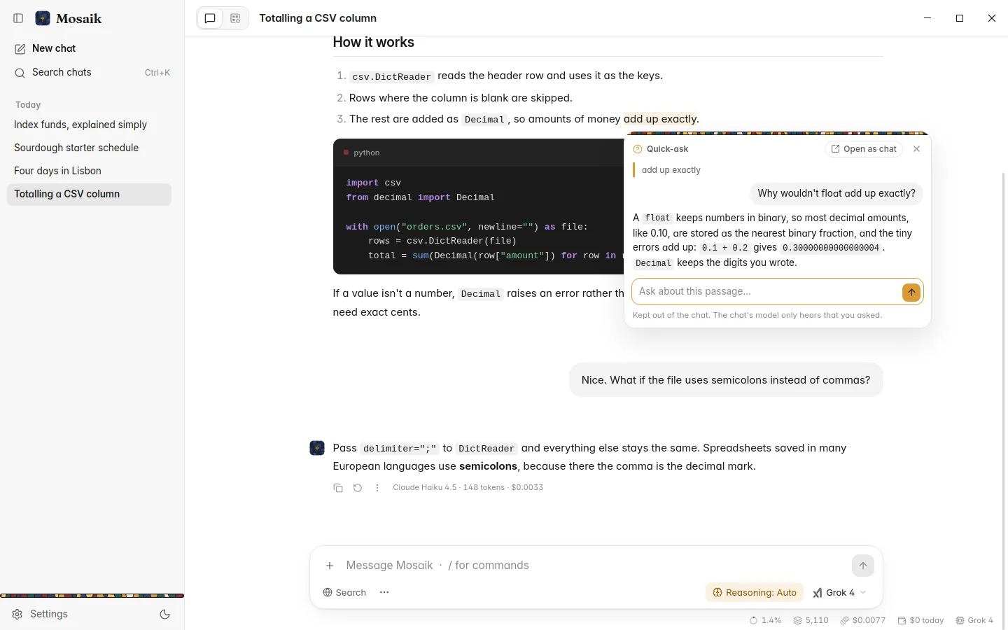 A quick-ask window beside a chat, light theme