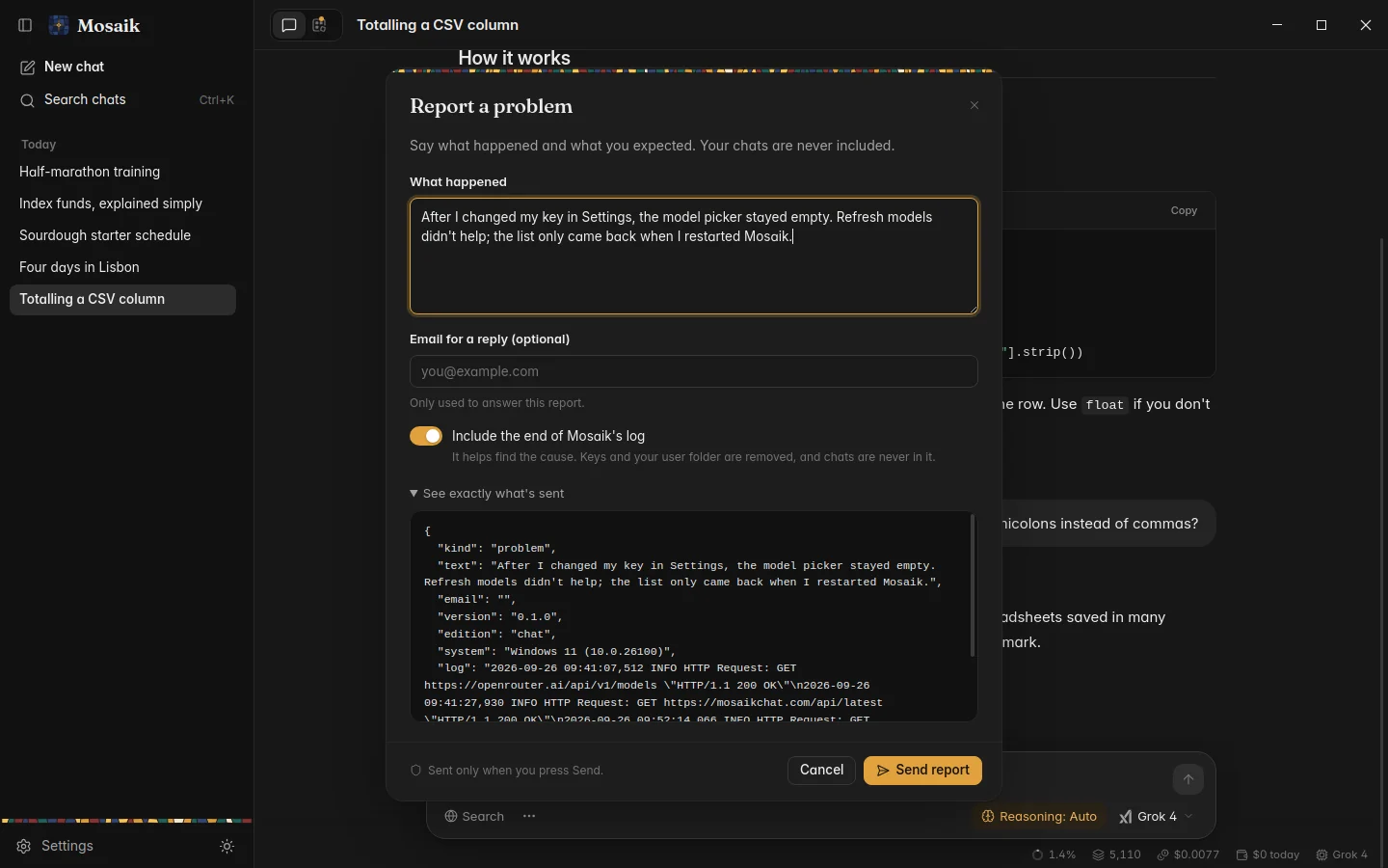 The Report a problem window with its preview of what will be sent, dark theme