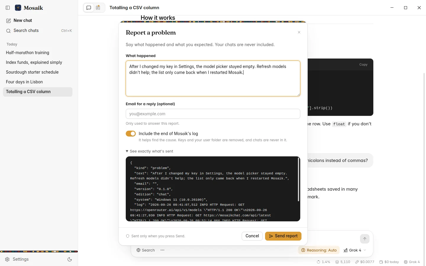 The Report a problem window with its preview of what will be sent, light theme
