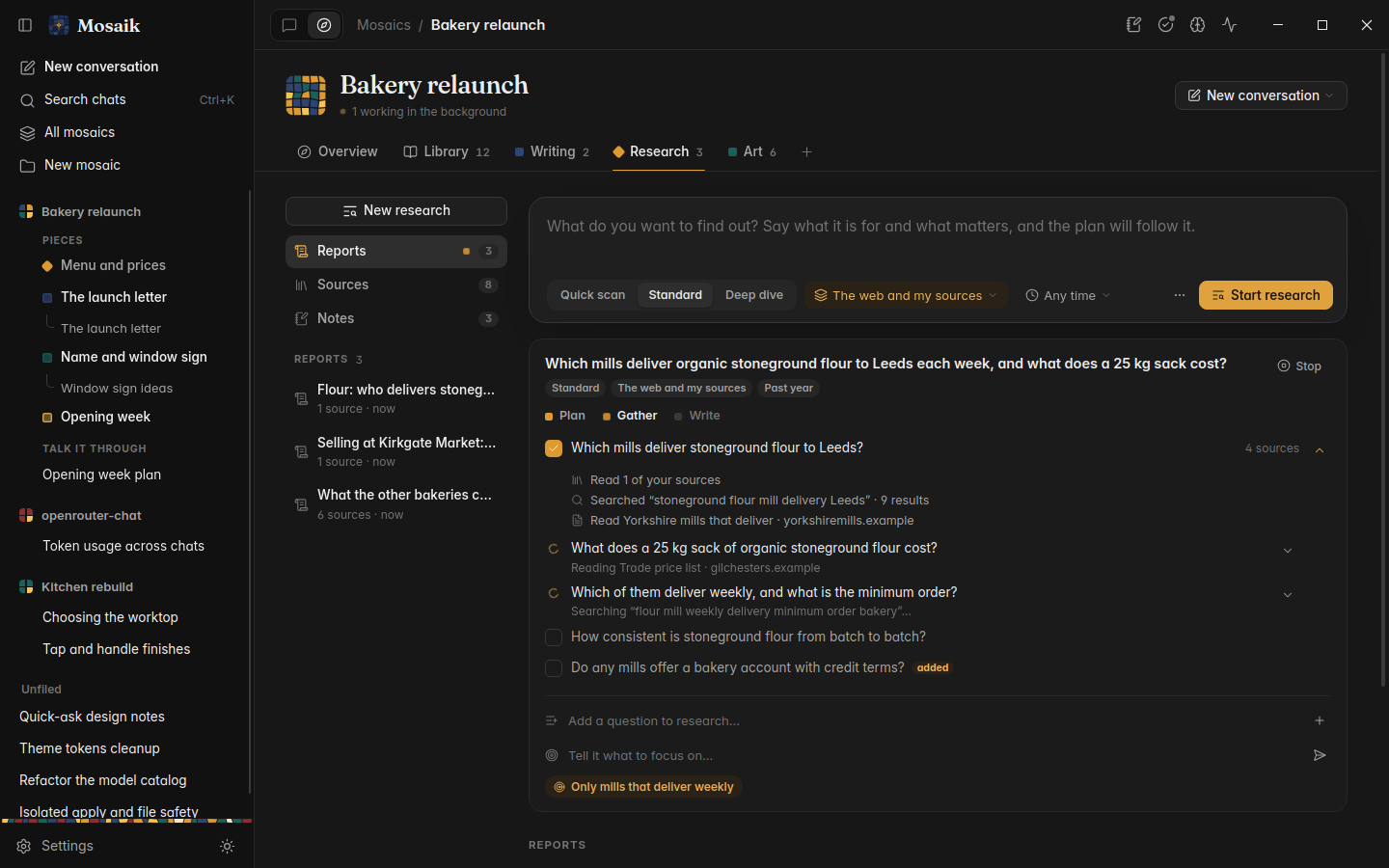 A research run in progress, dark theme