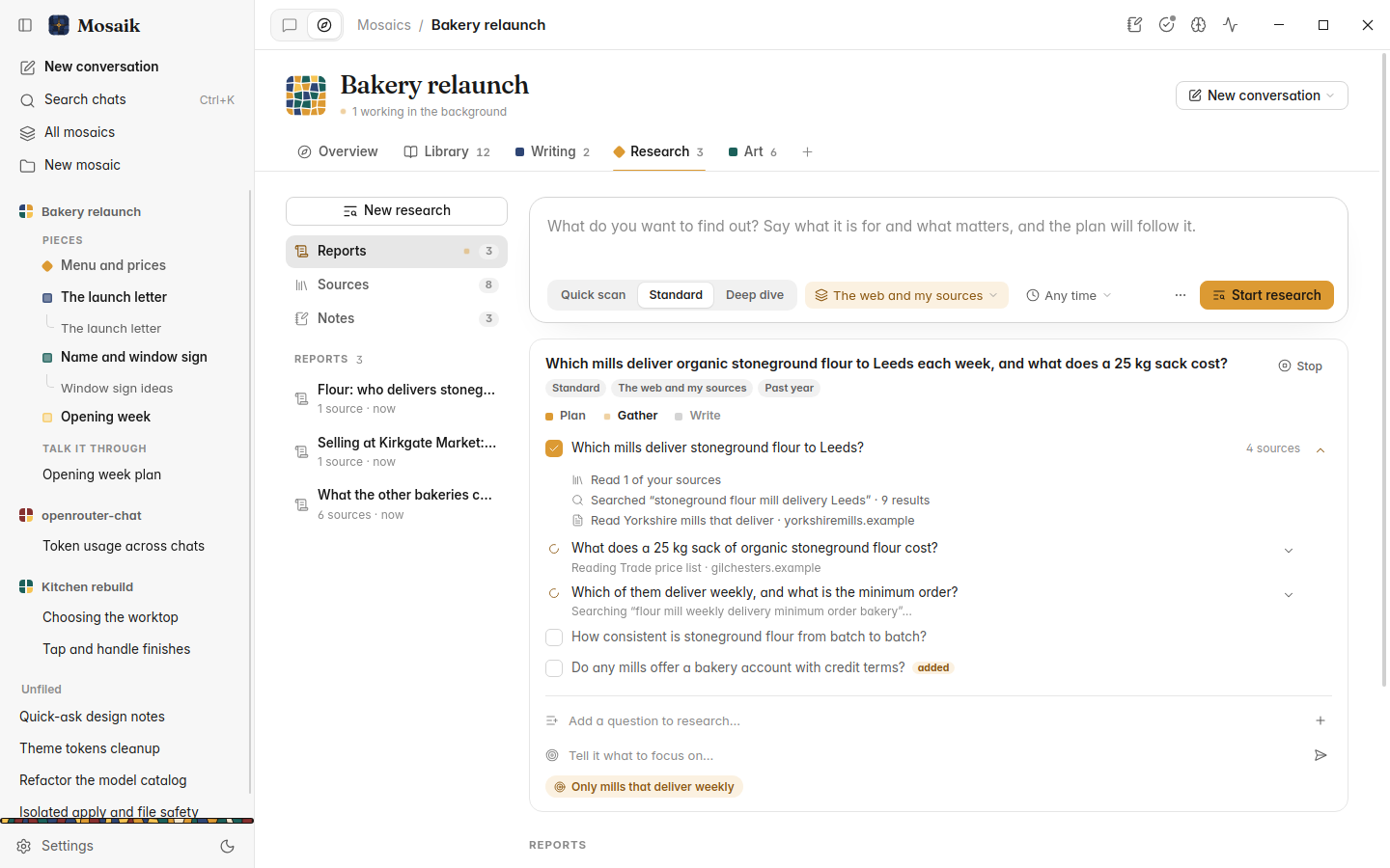 A research run in progress, light theme