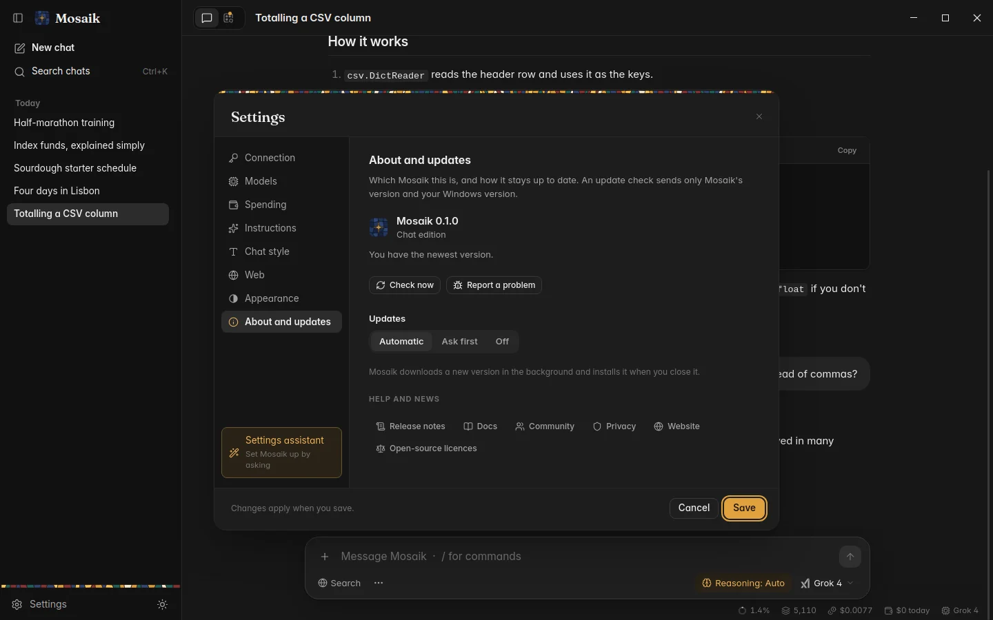 Settings, About and updates, dark theme