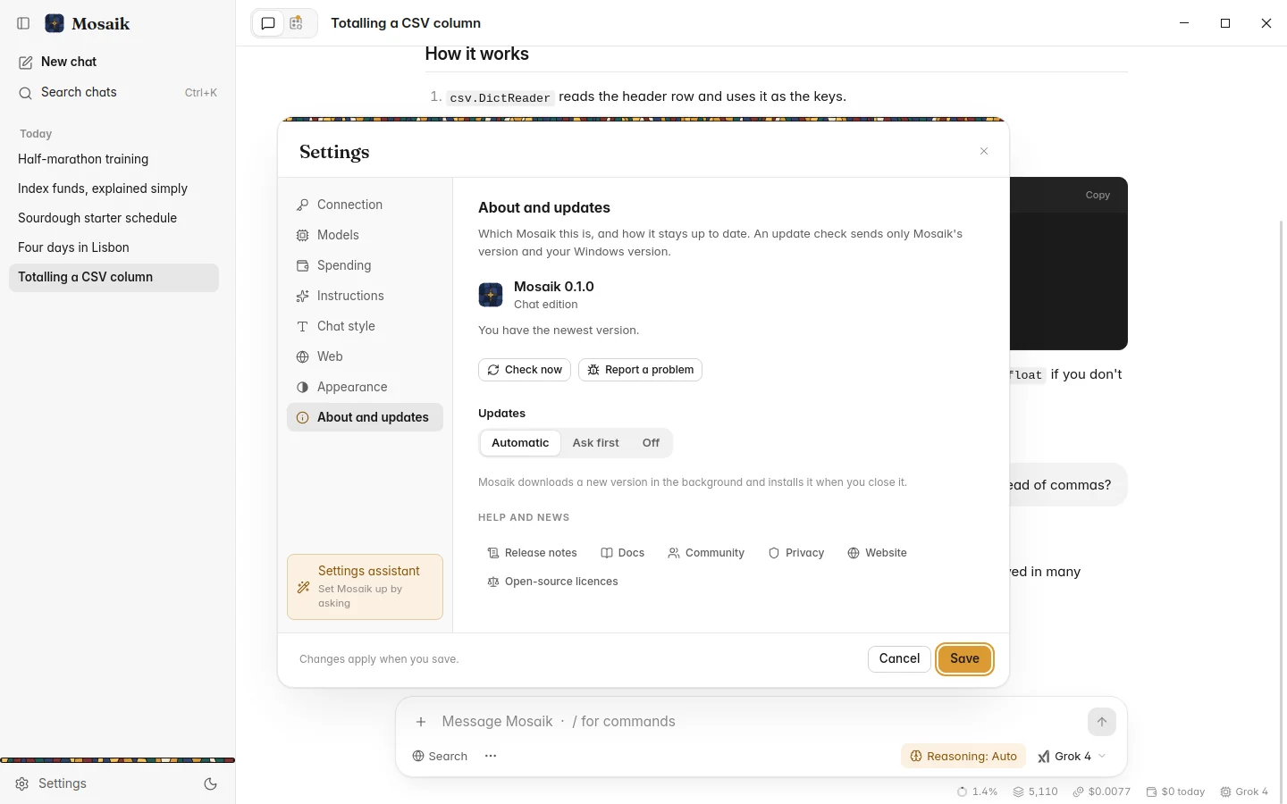 Settings, About and updates, light theme