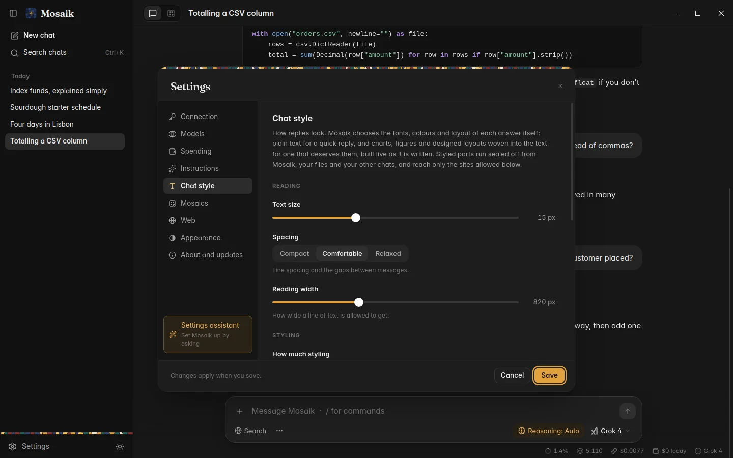 Settings, Chat style, dark theme