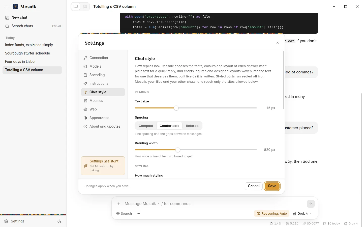 Settings, Chat style, light theme