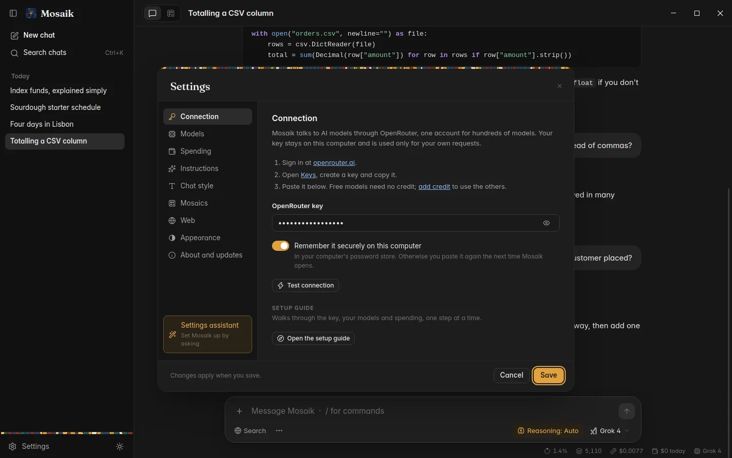 Settings, open on the Connection page, dark theme