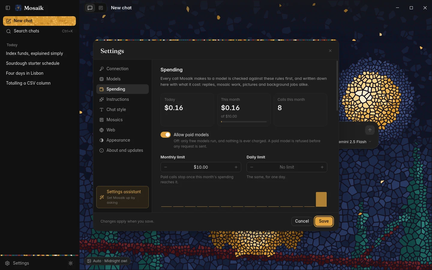 Settings, Spending, with this month's costs and limits, dark theme