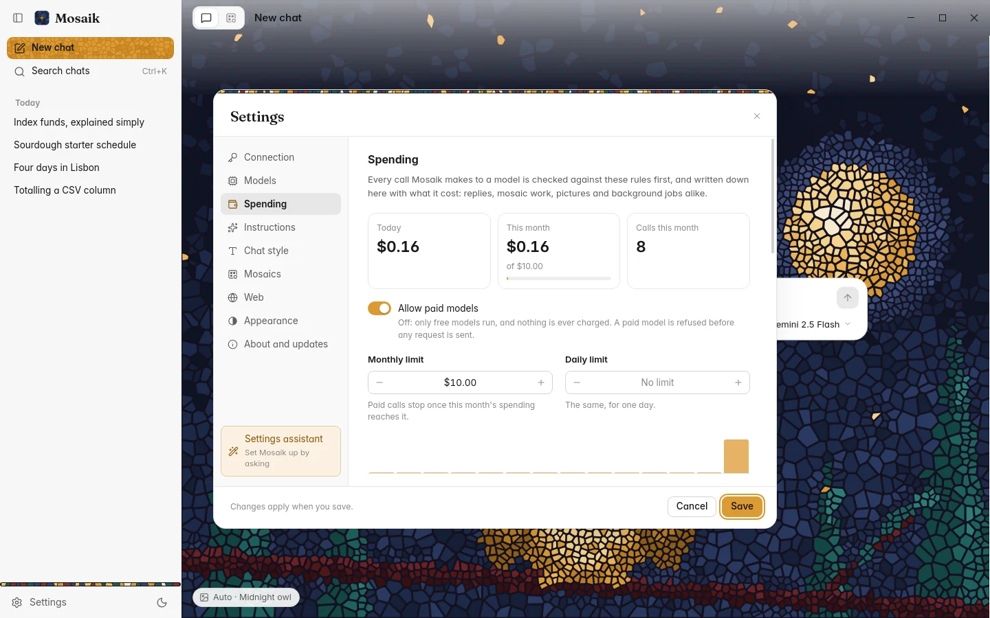 Settings, Spending, with this month's costs and limits, light theme