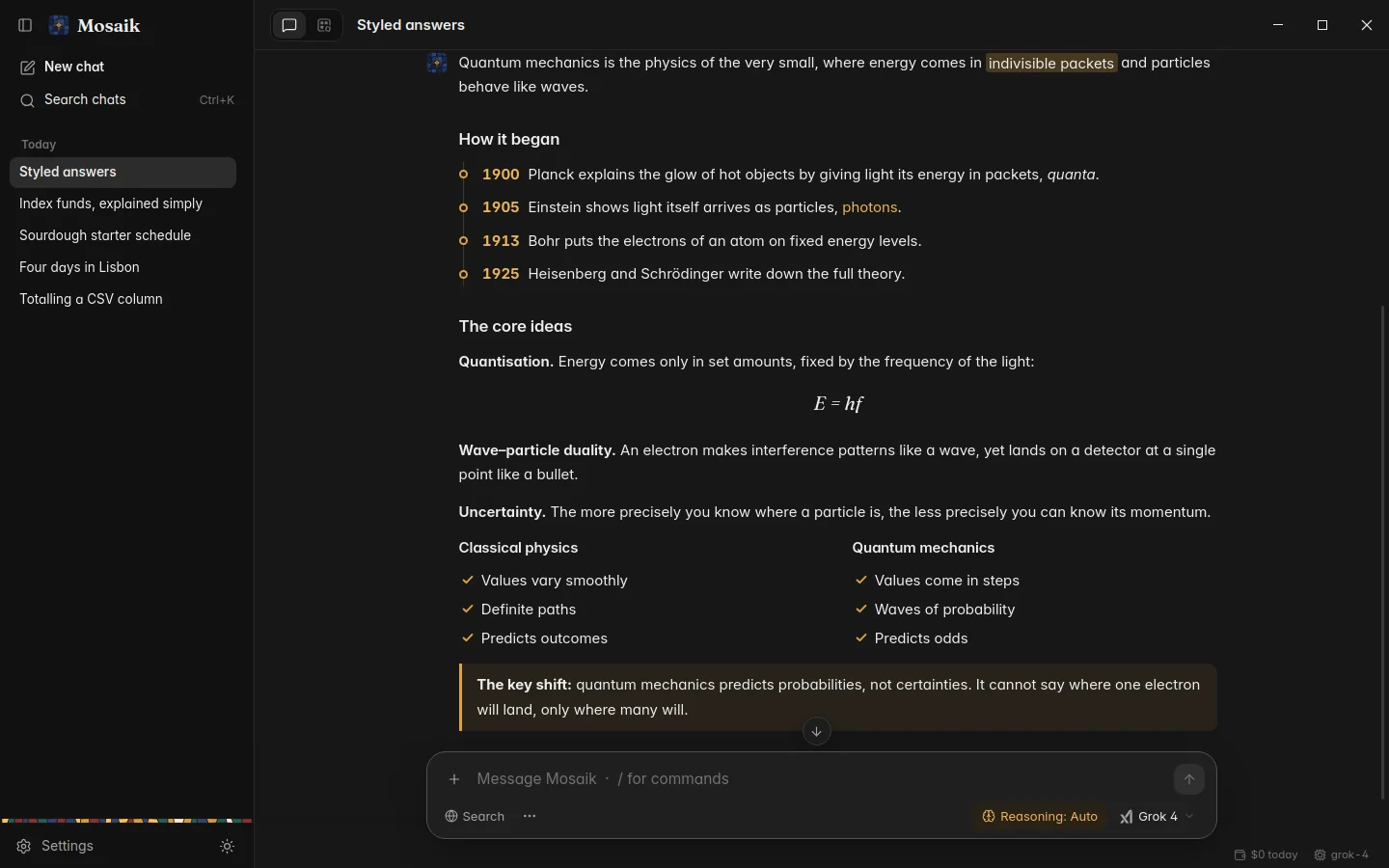 A styled answer with a timeline, an equation and a side-by-side comparison, dark theme