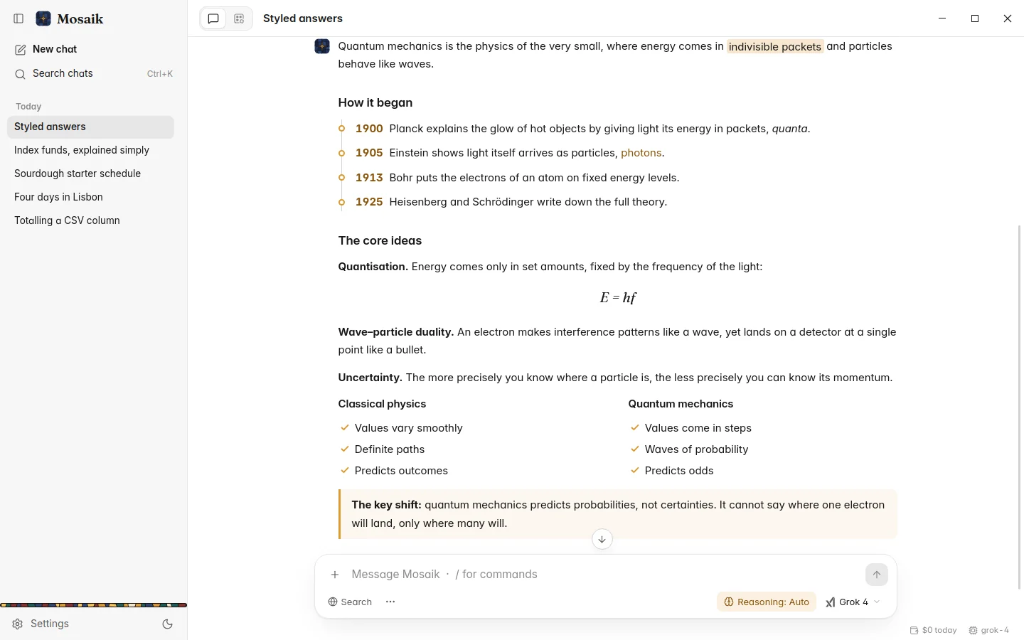 A styled answer with a timeline, an equation and a side-by-side comparison, light theme