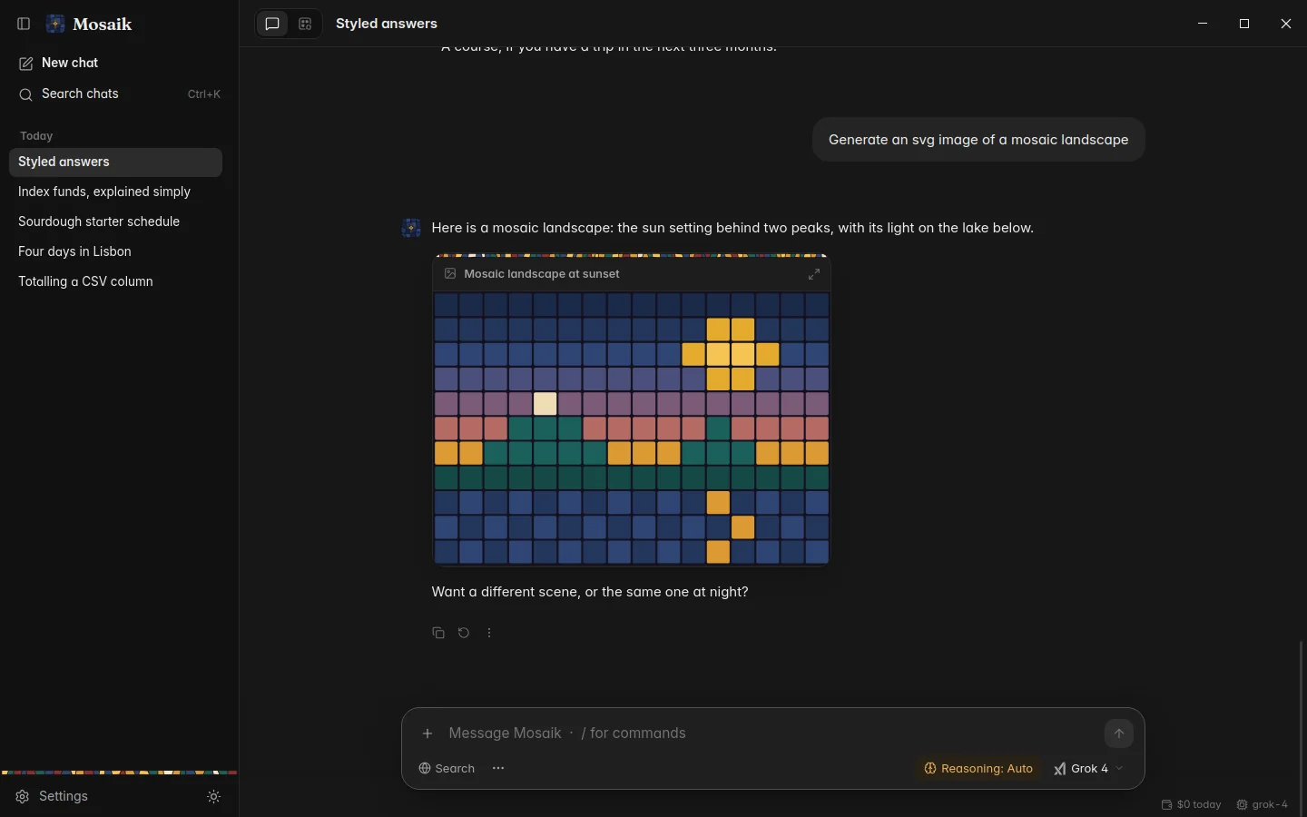 A picture drawn inside an answer, dark theme