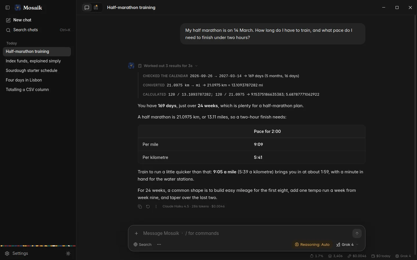 An answer that used the calculator, with the work line open, dark theme