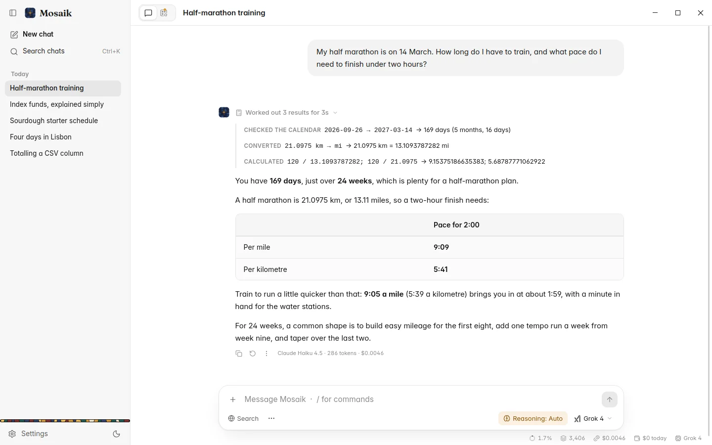 An answer that used the calculator, with the work line open, light theme