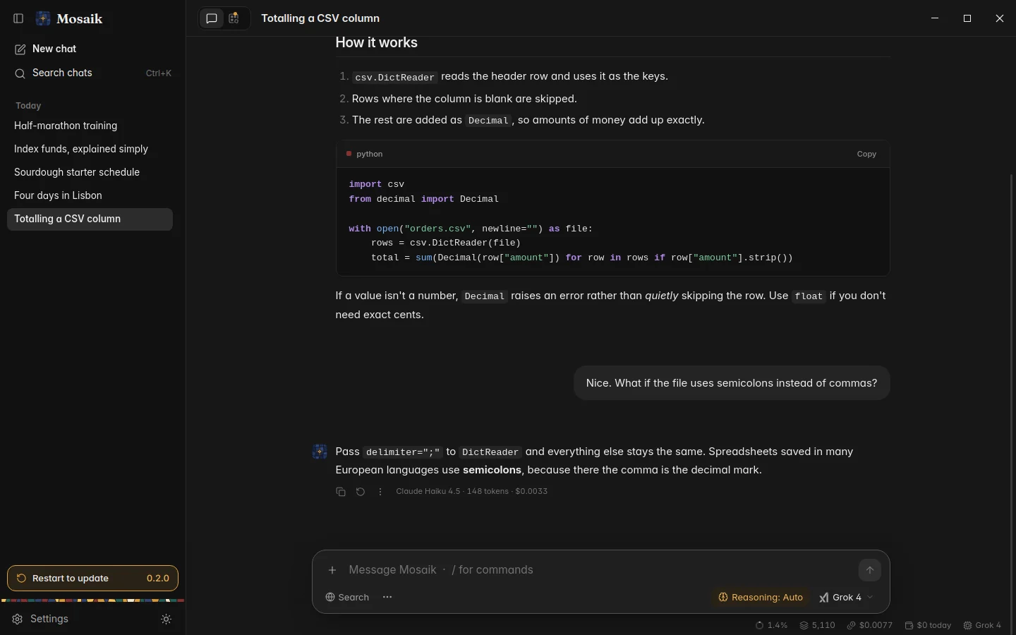 Restart to update, at the foot of the sidebar, dark theme