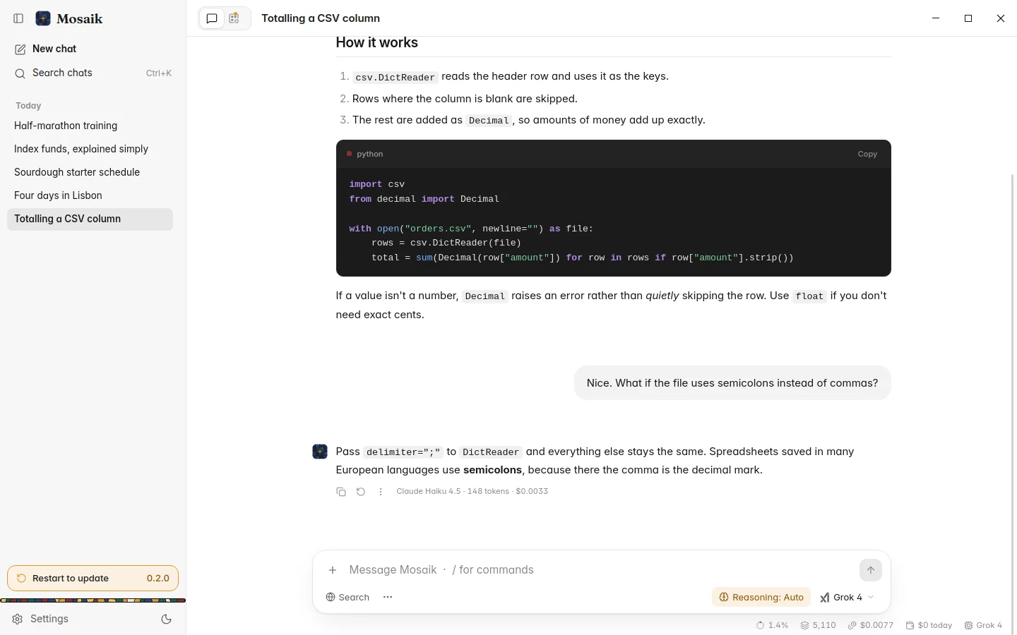 Restart to update, at the foot of the sidebar, light theme