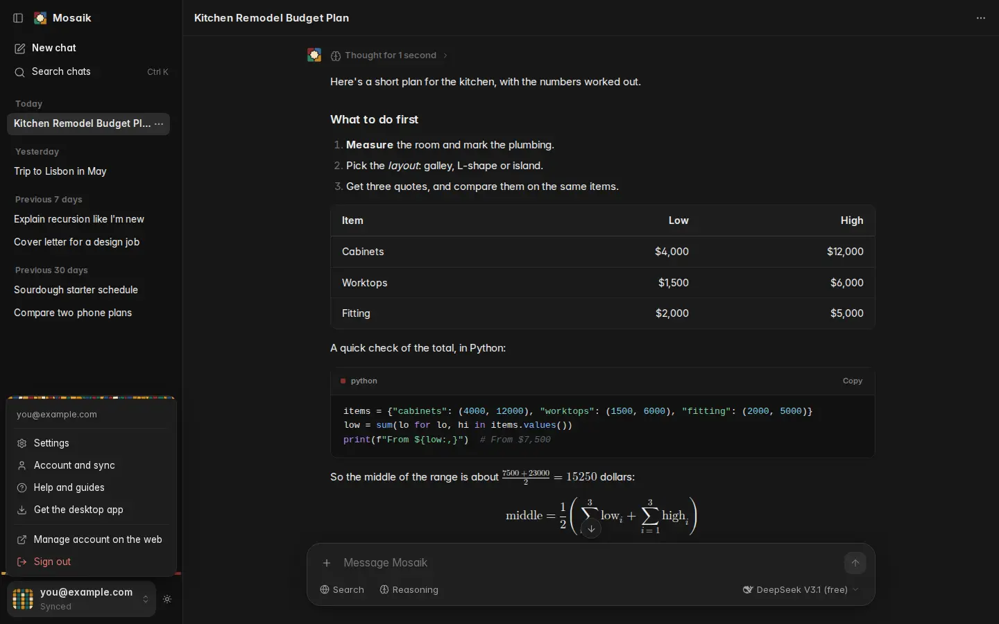 The account menu at the bottom left of the web chat, signed in and synced, with Settings, Account and sync, Help, the desktop app, Manage account and Sign out, dark theme