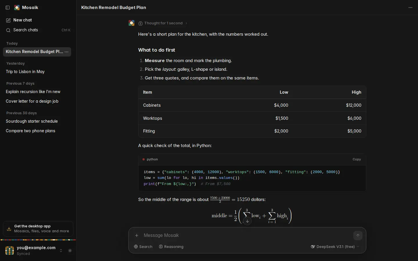 The web chat with an answer that has a table, code and a formula, dark theme