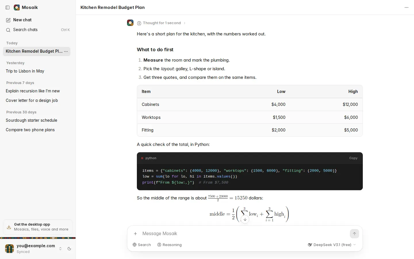 The web chat with an answer that has a table, code and a formula, light theme